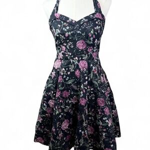 Hot Topic Black Floral insect Halter Dress M Gothic Witchy Roses Pinup Fit Flare